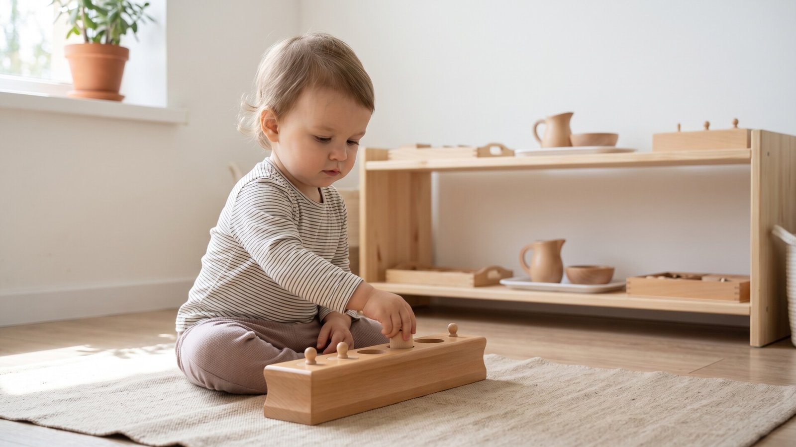 Toddler sitting on a floor mat playing with a wooden Montessori cylinder block in a bright room
