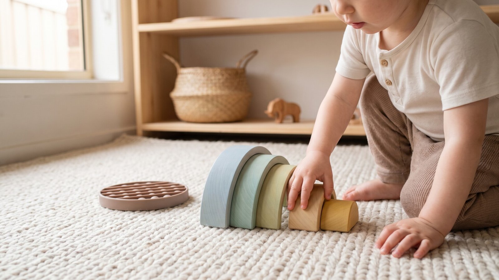 Toddler arranging pastel wooden rainbow stacking arches on a soft rug in a calm playroom