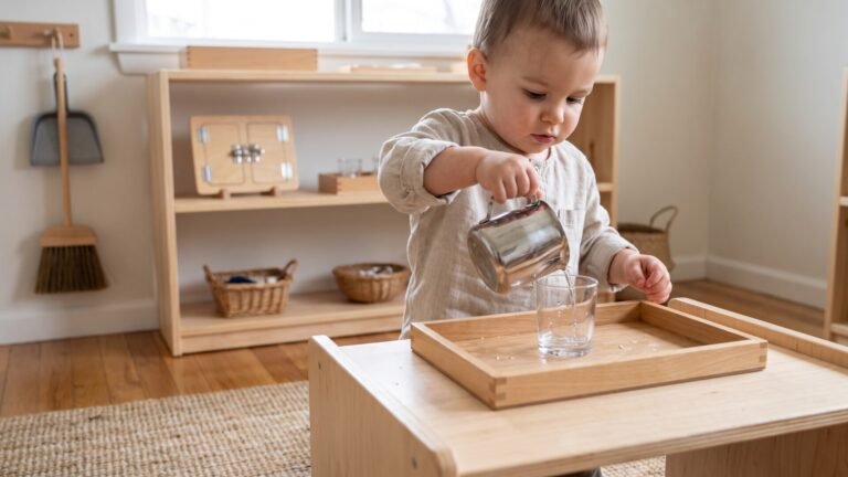 Toddler pouring water from a small metal pitcher into a glass cup on a wooden tray