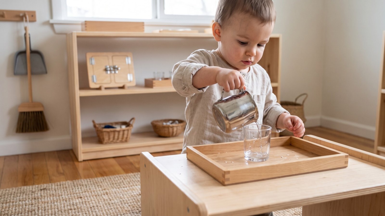 Toddler pouring water from a small metal pitcher into a glass cup on a wooden tray