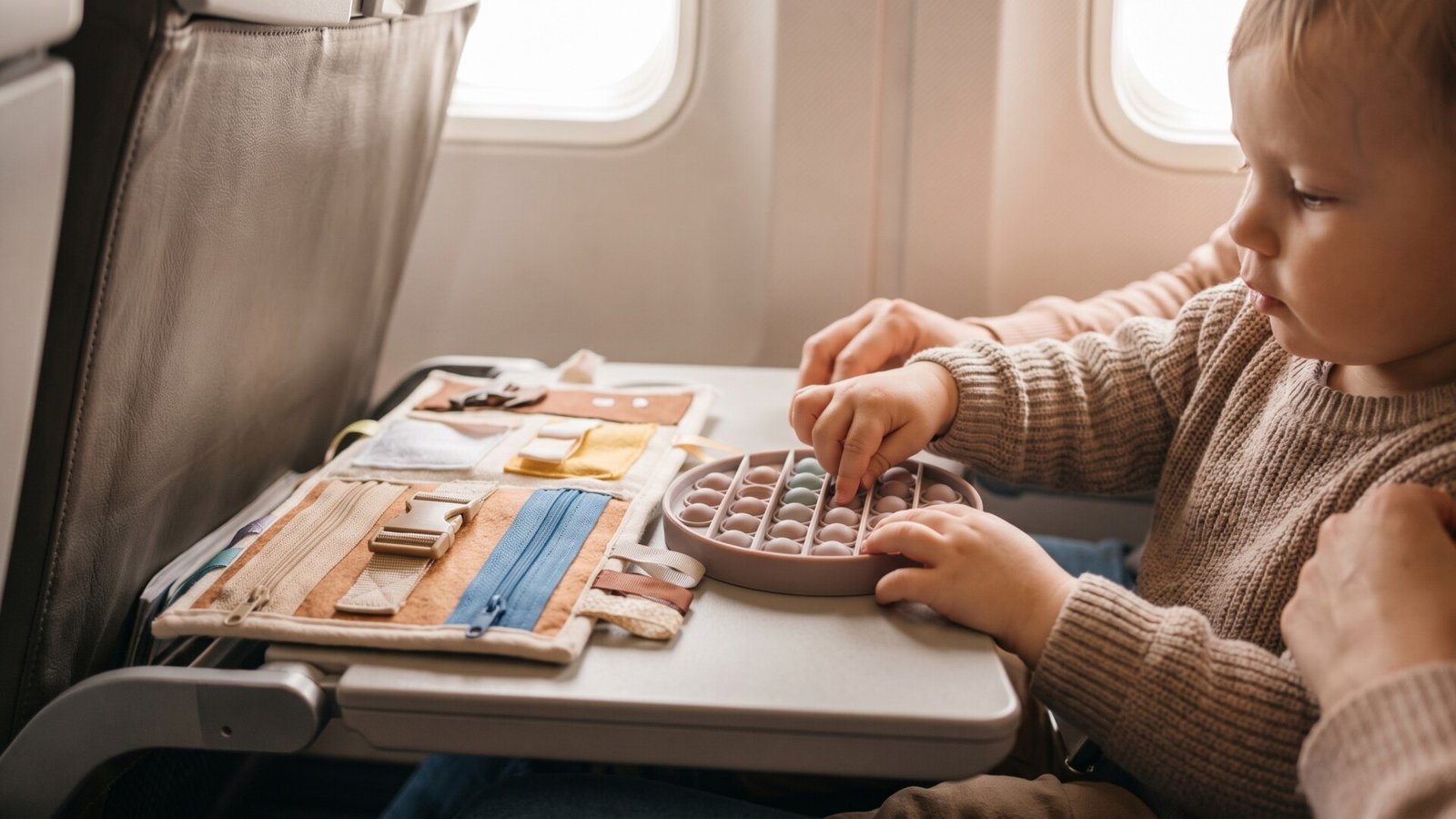 Toddler playing with a fabric busy board and silicone pop toy on an airplane tray table