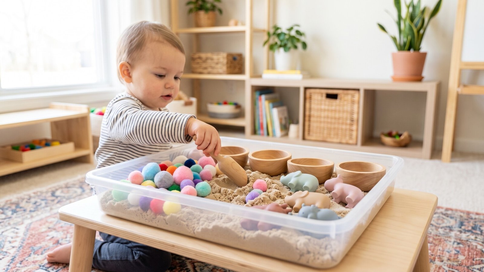 Toddler scooping kinetic sand beside soft pom-poms and wooden bowls in a clear sensory bin