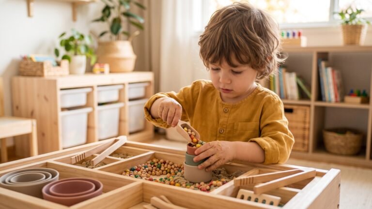 Young child scooping colorful beads into stacking cups at a wooden sensory table