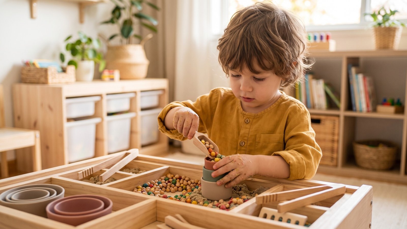 Young child scooping colorful beads into stacking cups at a wooden sensory table