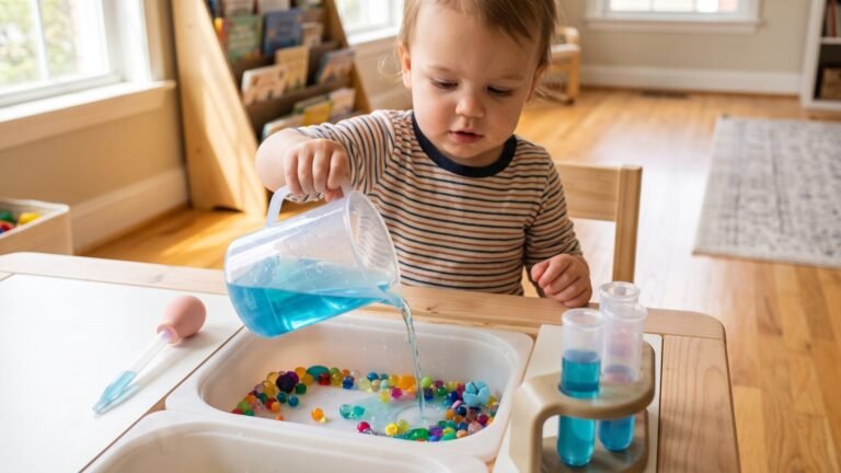 Toddler pouring blue water from a plastic pitcher into a sensory bin with colorful beads and science tools
