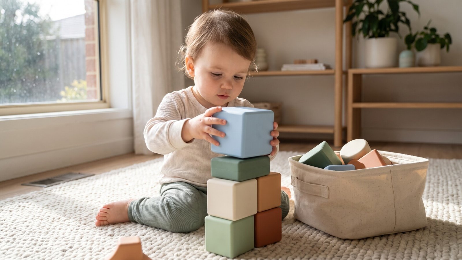 Toddler stacking soft pastel silicone blocks while playing quietly on a textured rug