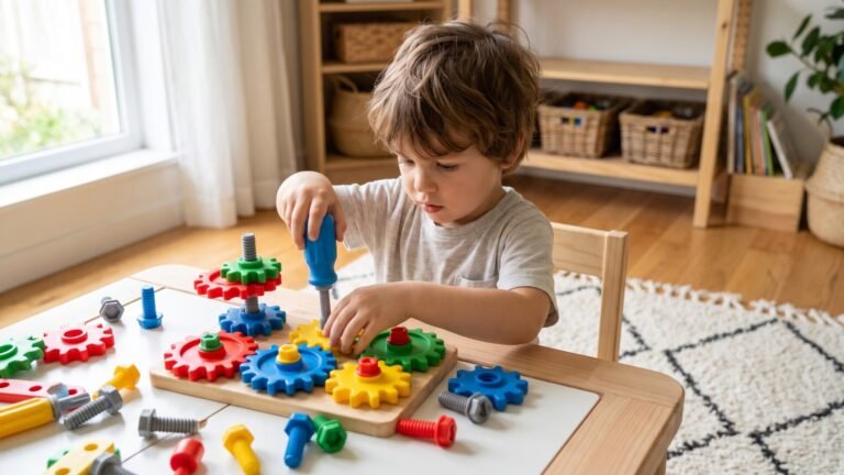 Young boy using a toy screwdriver to assemble colorful gears and screws at a play table