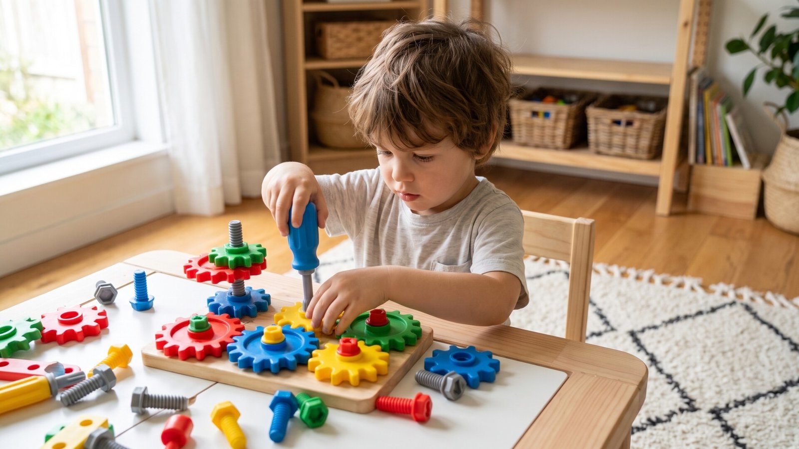 Young boy using a toy screwdriver to assemble colorful gears and screws at a play table