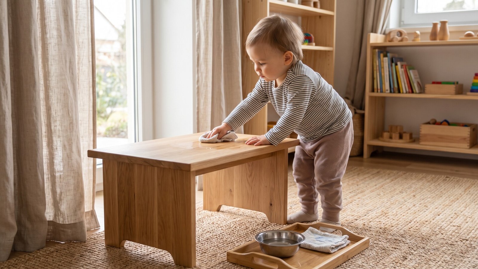 Toddler wiping down a low wooden table with a damp cloth during a Montessori practical life activity
