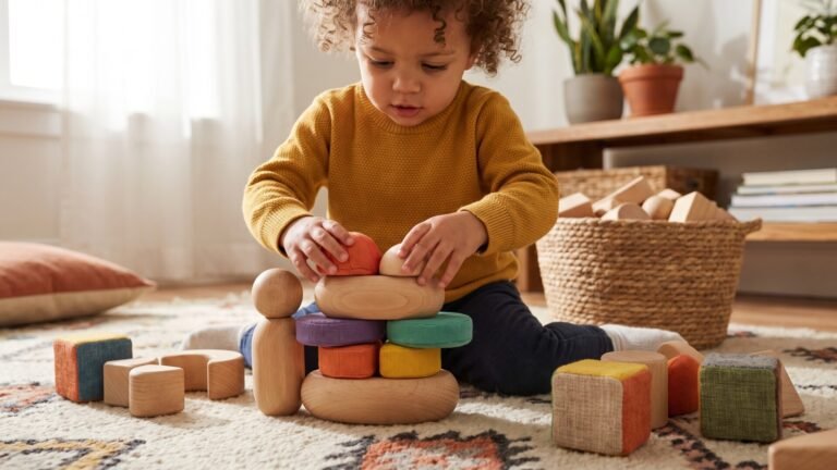 Toddler stacking colorful sensory and wooden blocks on a living room rug as a magnetic tile alternative