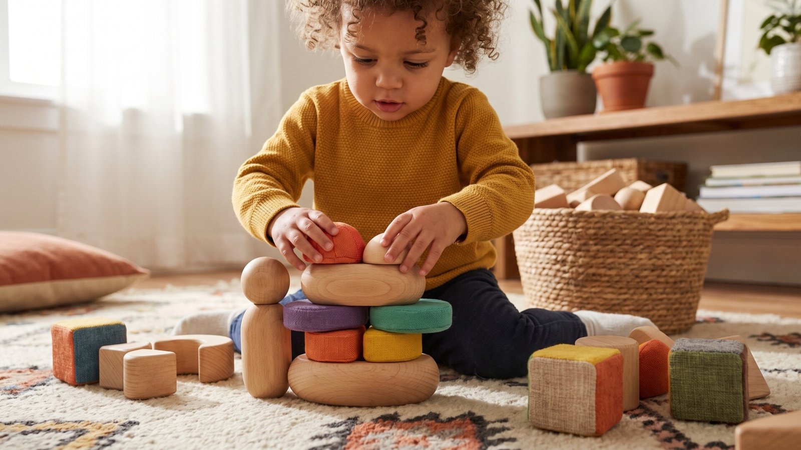 Toddler stacking colorful sensory and wooden blocks on a living room rug as a magnetic tile alternative