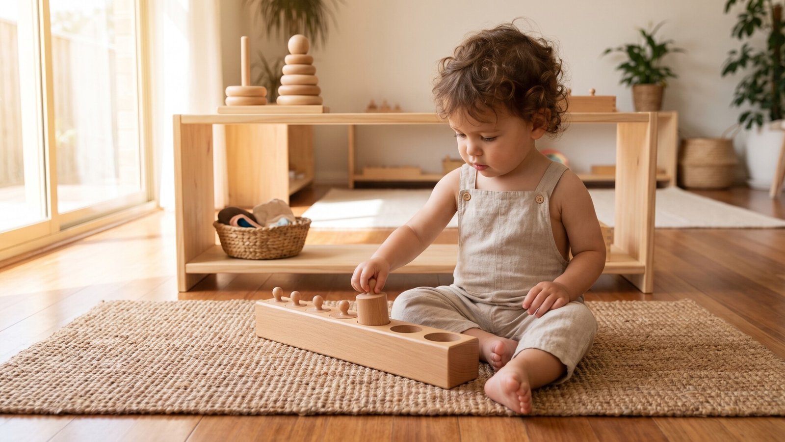 Toddler sitting on a woven mat and placing pegs into a wooden Montessori cylinder block