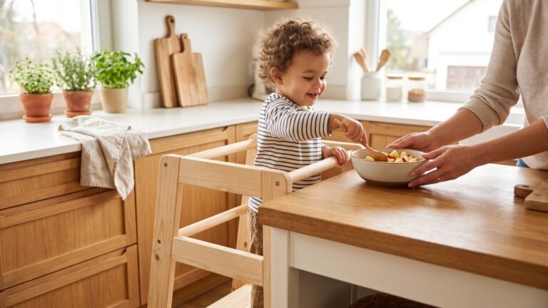 Toddler standing in a wooden learning tower stirring food in a bowl at the kitchen counter