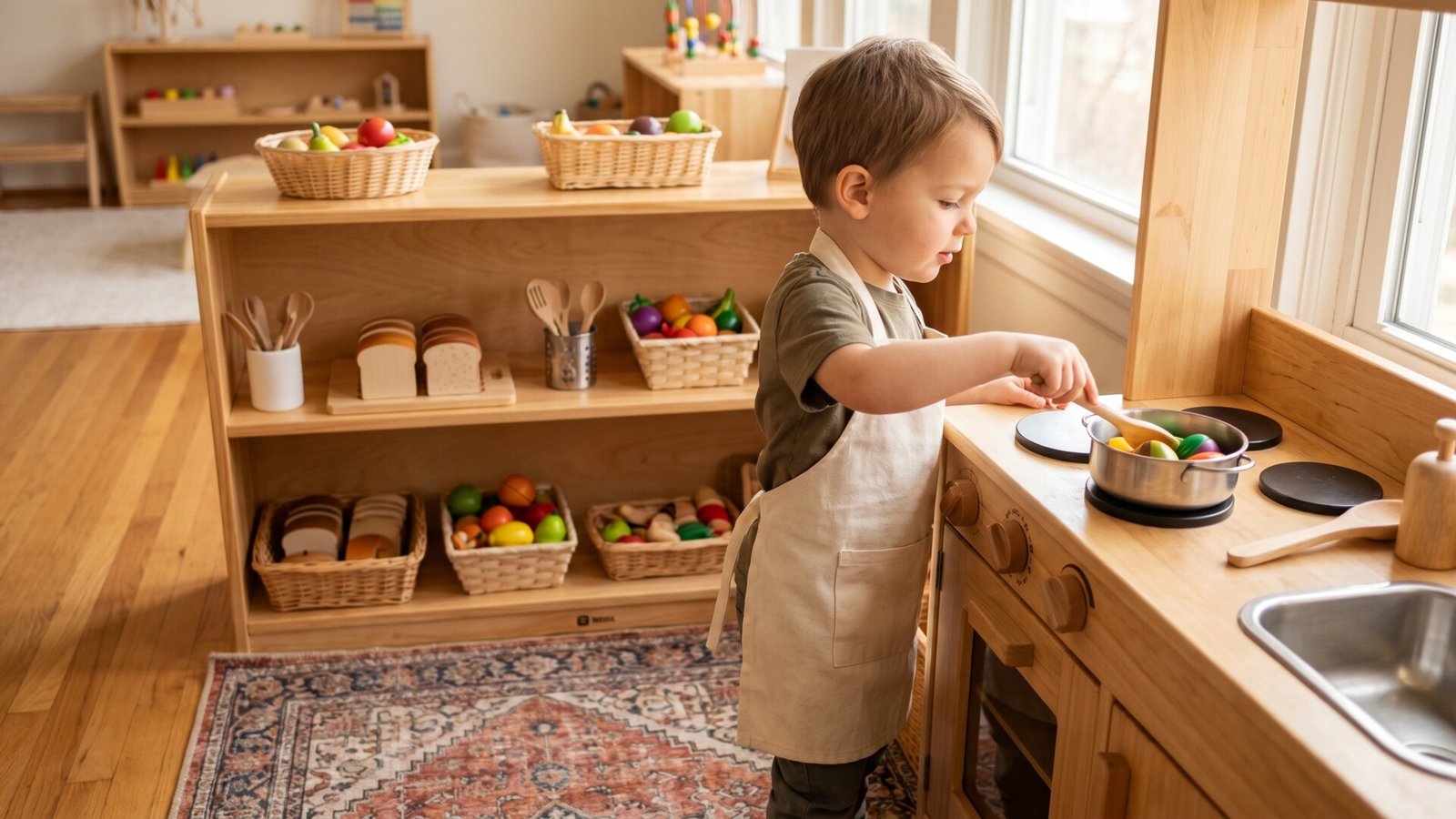 Young child in an apron stirring pretend vegetables in a pot at a wooden play kitchen