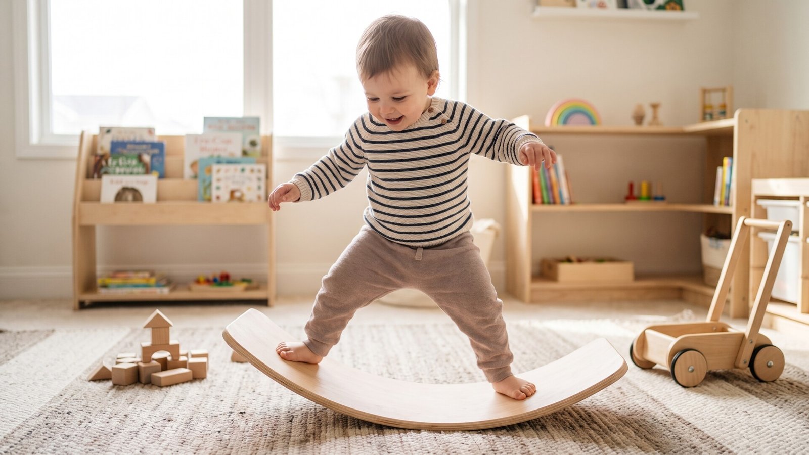 Smiling toddler balancing barefoot on a curved wooden balance board in a sunlit playroom
