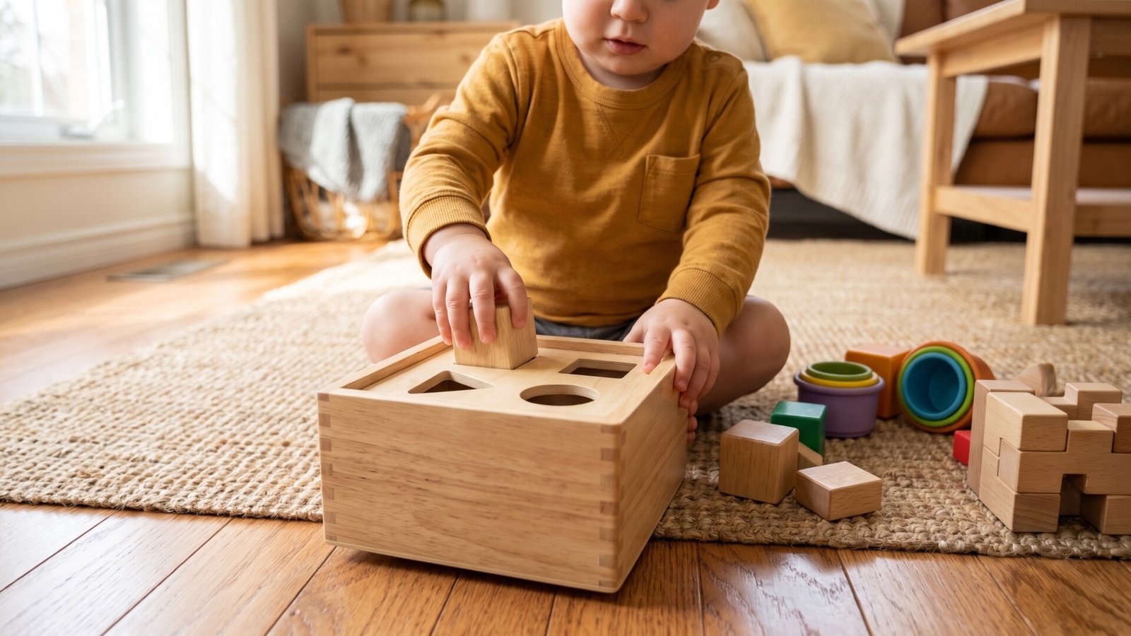 Toddler fitting a wooden block into a shape sorter box while sitting on a rug during early childhood play