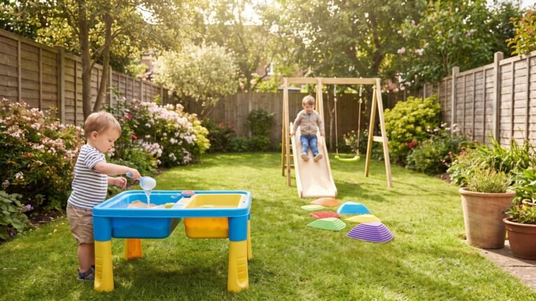 Toddlers playing with a water table and wooden slide on a sunny backyard lawn