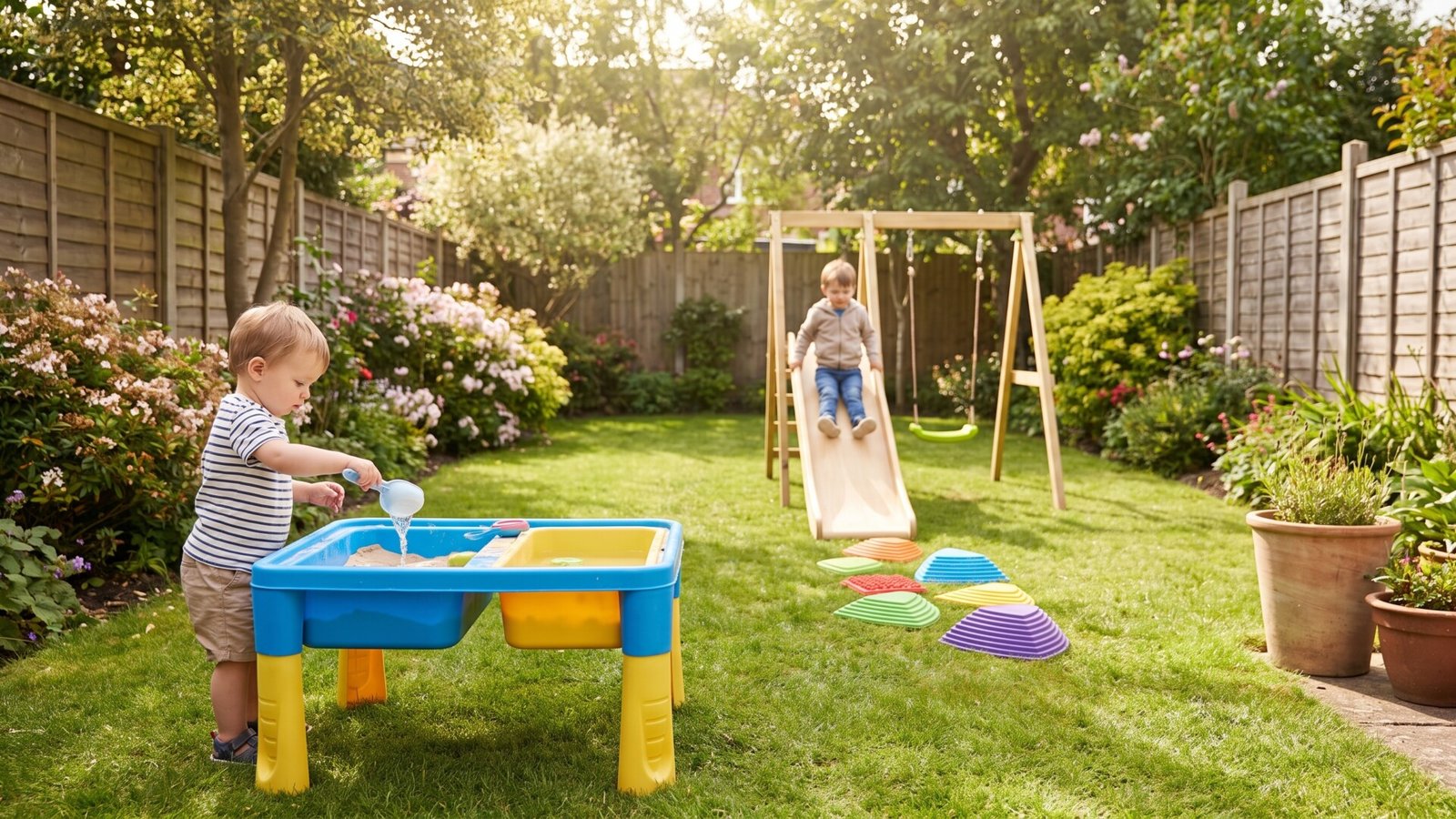 Toddlers playing with a water table and wooden slide on a sunny backyard lawn