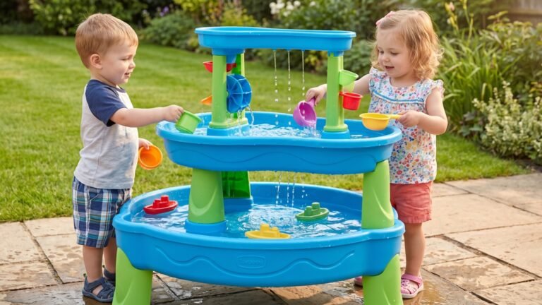 Two toddlers scooping water and playing with a multi-tier blue water table on a backyard patio