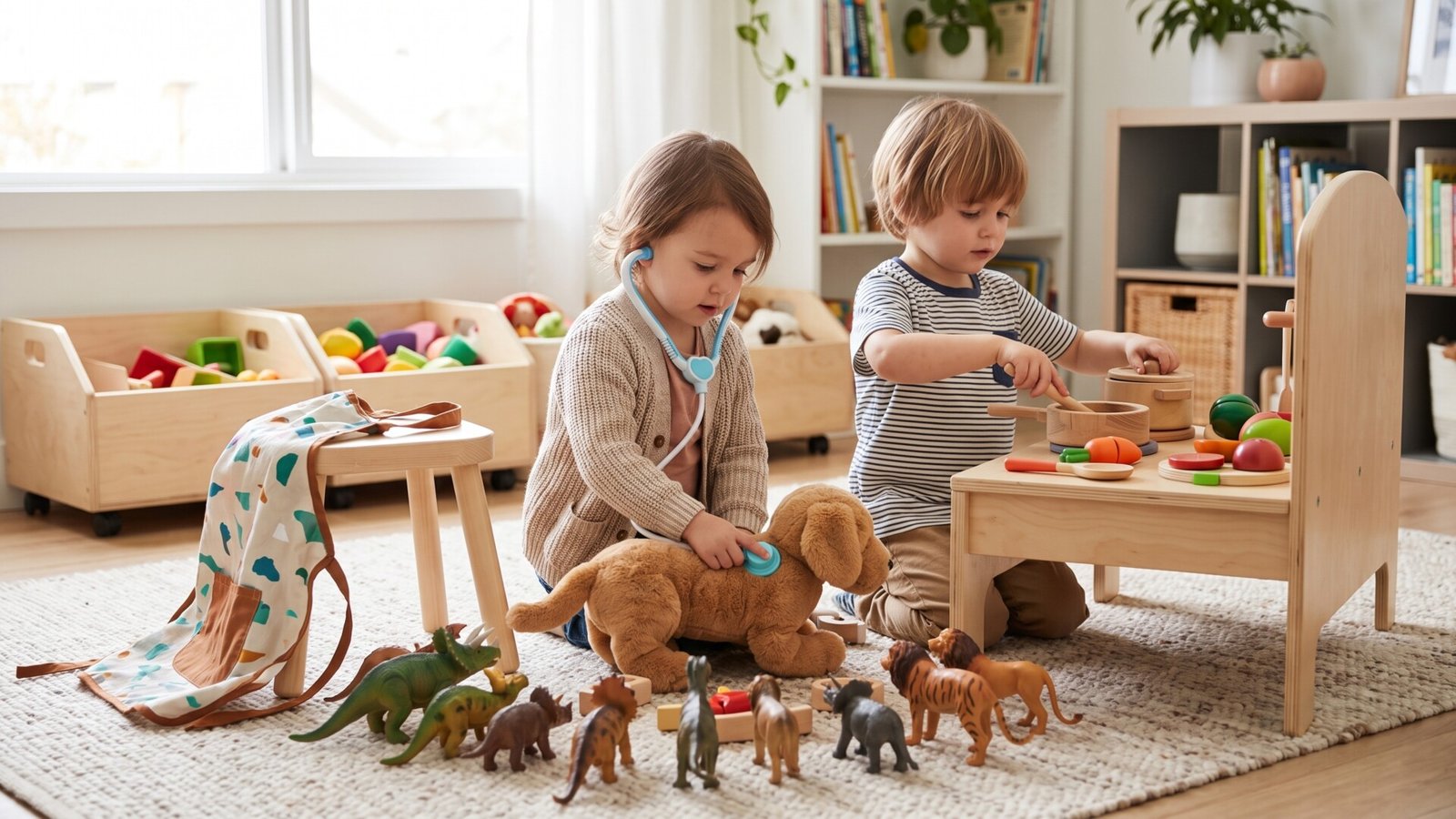 Two young children playing pretend with toy animals, a stethoscope, and a play kitchen on a playroom rug