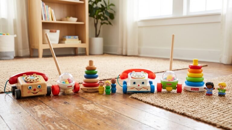Vintage wooden Fisher-Price toys arranged alongside their modern colorful plastic counterparts on a floor