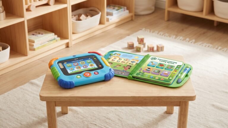 VTech learning tablet and LeapFrog interactive book system displayed side by side on a wooden playroom table