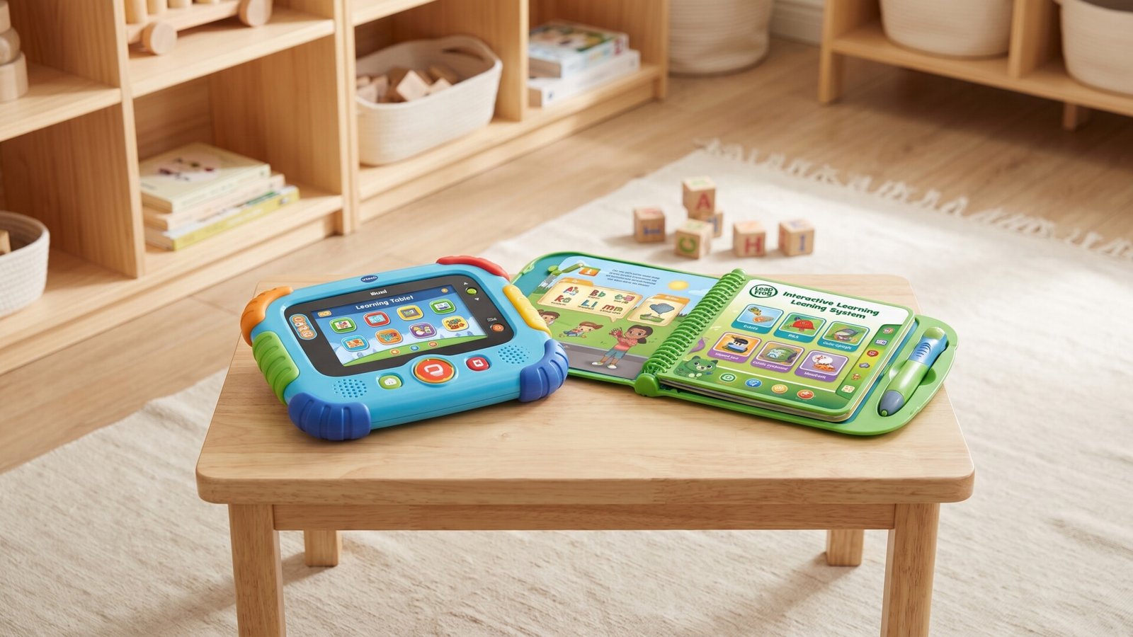 VTech learning tablet and LeapFrog interactive book system displayed side by side on a wooden playroom table