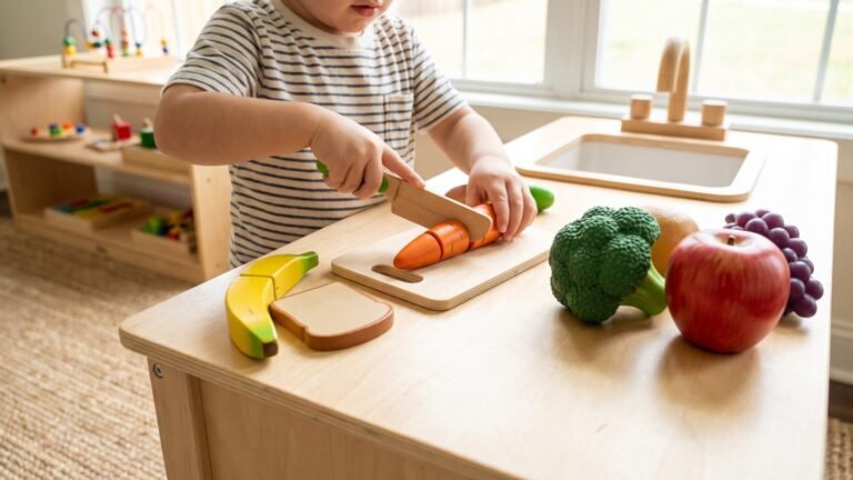 Toddler cutting a wooden play carrot beside realistic plastic fruits and vegetables on a play kitchen counter
