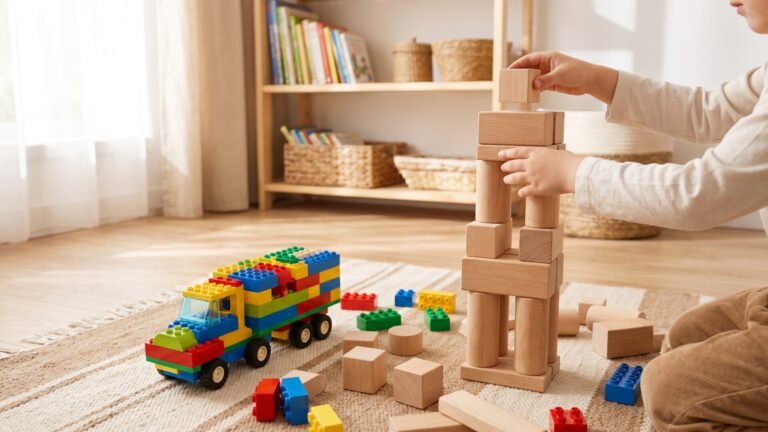 Toddler building a wooden block tower beside a colorful plastic brick toy truck on a playroom rug