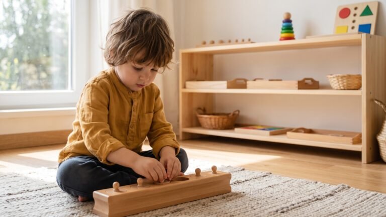 Young child sitting on a rug and exploring wooden Montessori knobbed cylinder blocks in a minimalist playroom