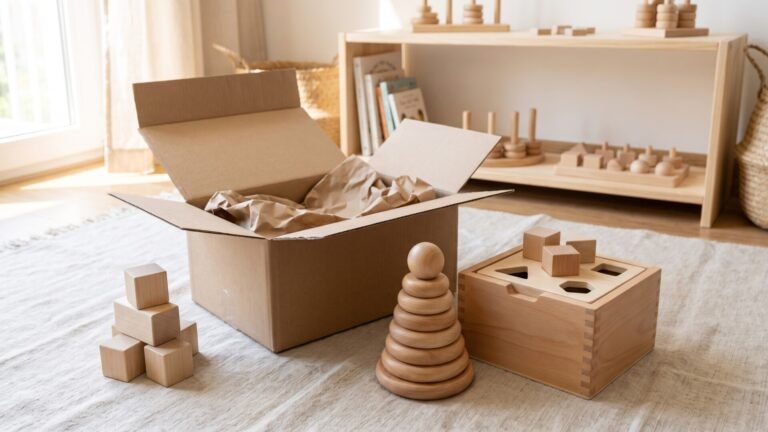 Natural wood Montessori toys including a ring stacker and shape sorter unpacked next to a cardboard shipping box