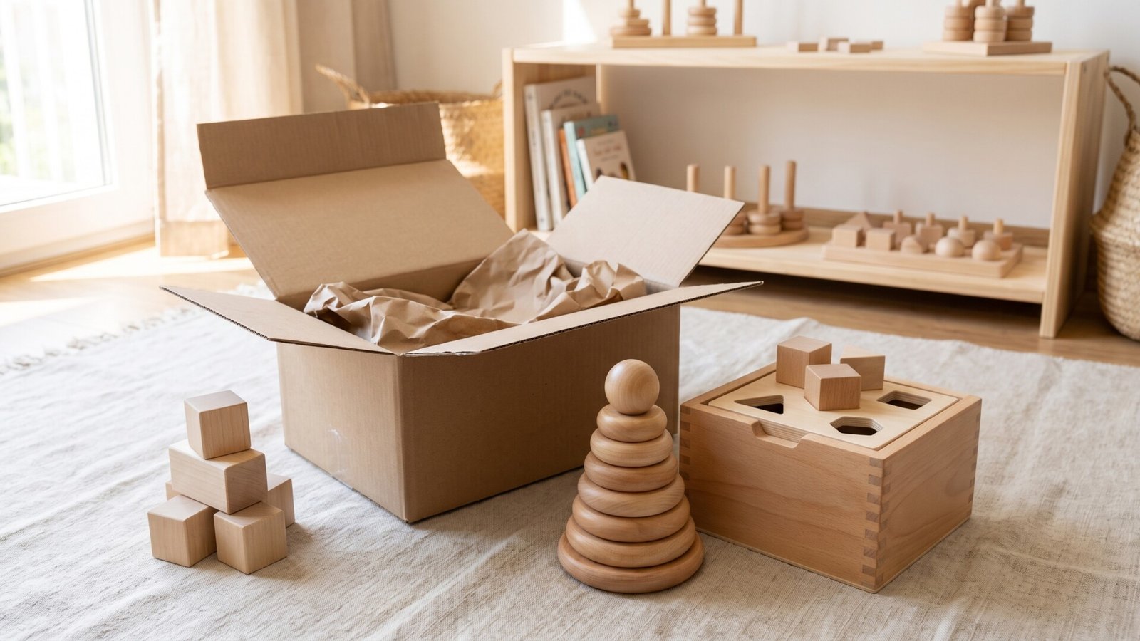 Natural wood Montessori toys including a ring stacker and shape sorter unpacked next to a cardboard shipping box