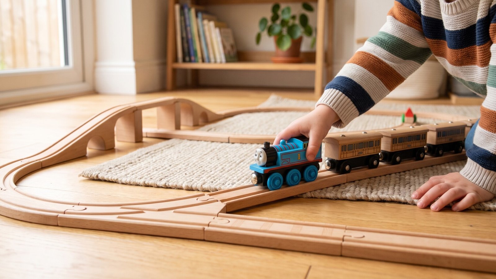 Child pushing a blue wooden locomotive along interlocking wooden train tracks on the floor