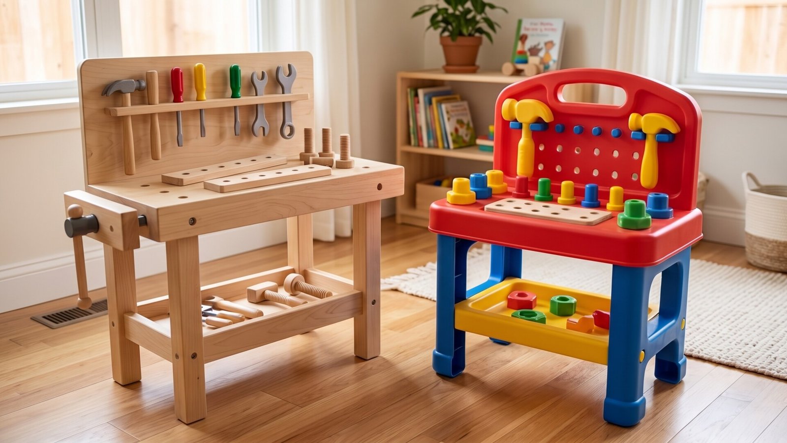 Natural wood kids workbench with realistic tools beside a colorful plastic toddler workbench in a playroom