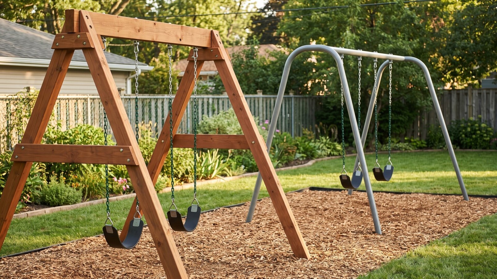 Wooden A-frame swing set next to a modern metal swing set on mulch in a suburban backyard