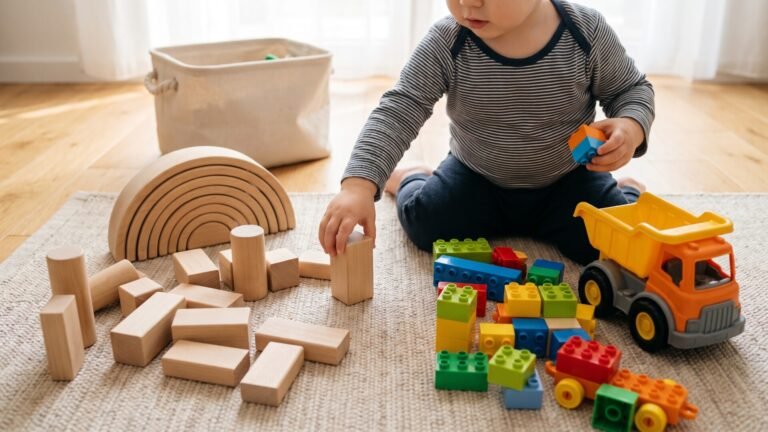 Toddler playing on a rug between natural wooden blocks and colorful plastic toys
