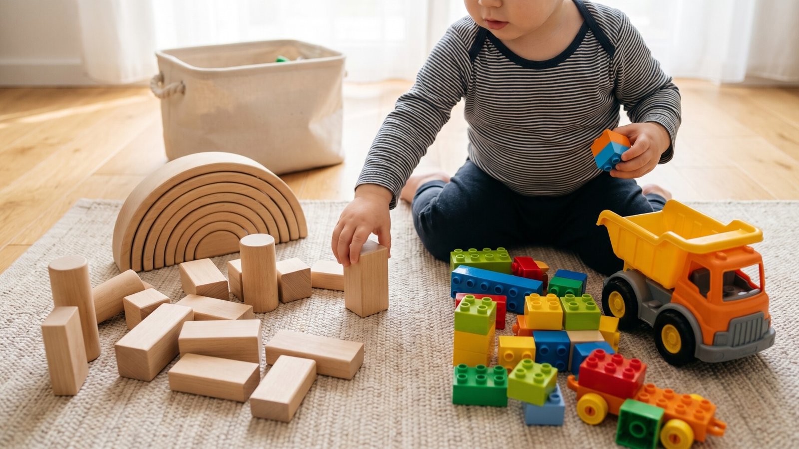 Toddler playing on a rug between natural wooden blocks and colorful plastic toys